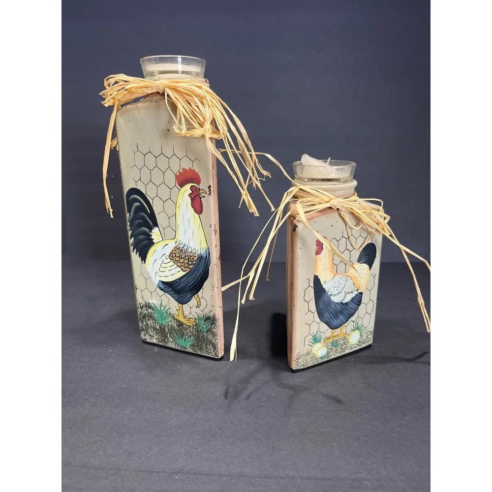 Vintage Farmhouse Rooster Ceramic Candle Holder Set Rustic Country Decor 2pc